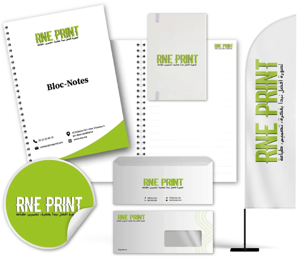 Accueil Supports RNE Print : bloc-notes, carnets, enveloppes, autocollant et drapeau publicitaire